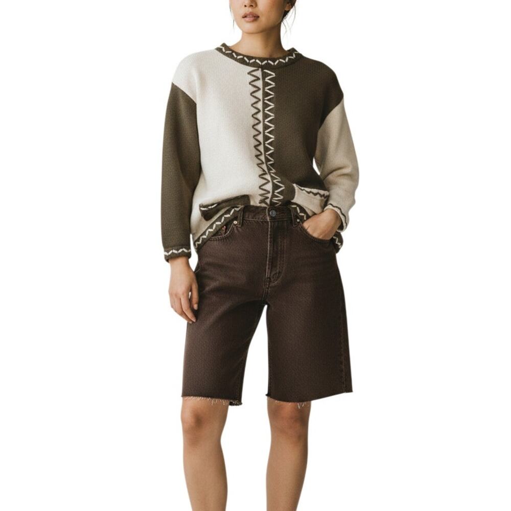 Vintage 90s Olive White Colorblock Whipstitch Knit Sweater Cottagecore M